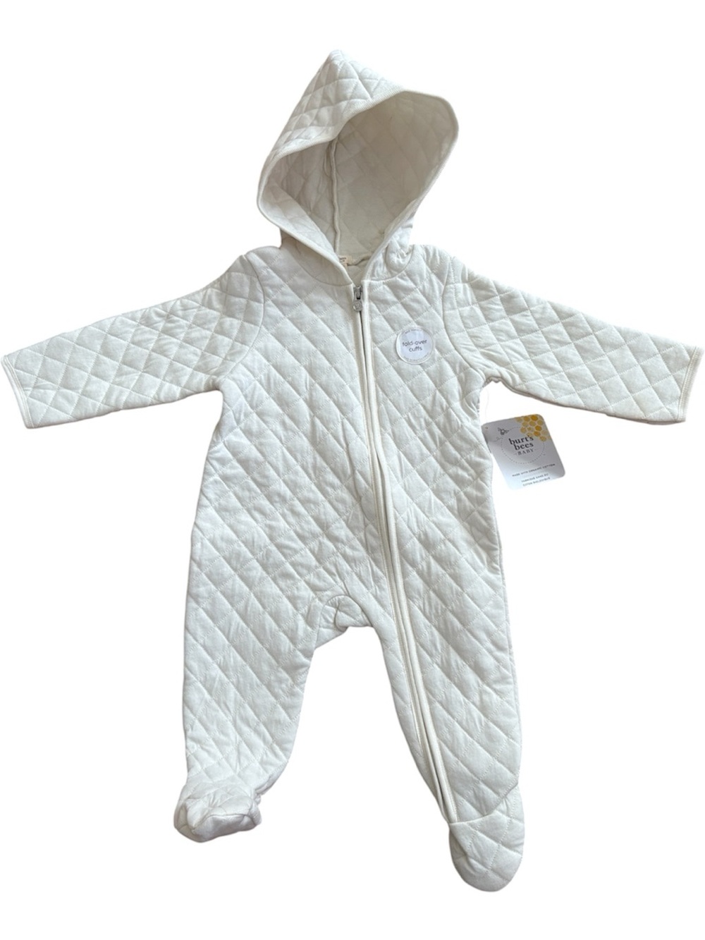NWT 6-9 Months Burt's Bees Cream Quilted Hooded Baby Footed One-Piece